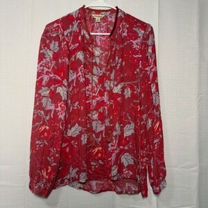 Lucky Brand Floral Print Blouse Medium Red Boho Tassel Tie Neck Long Sleeve
